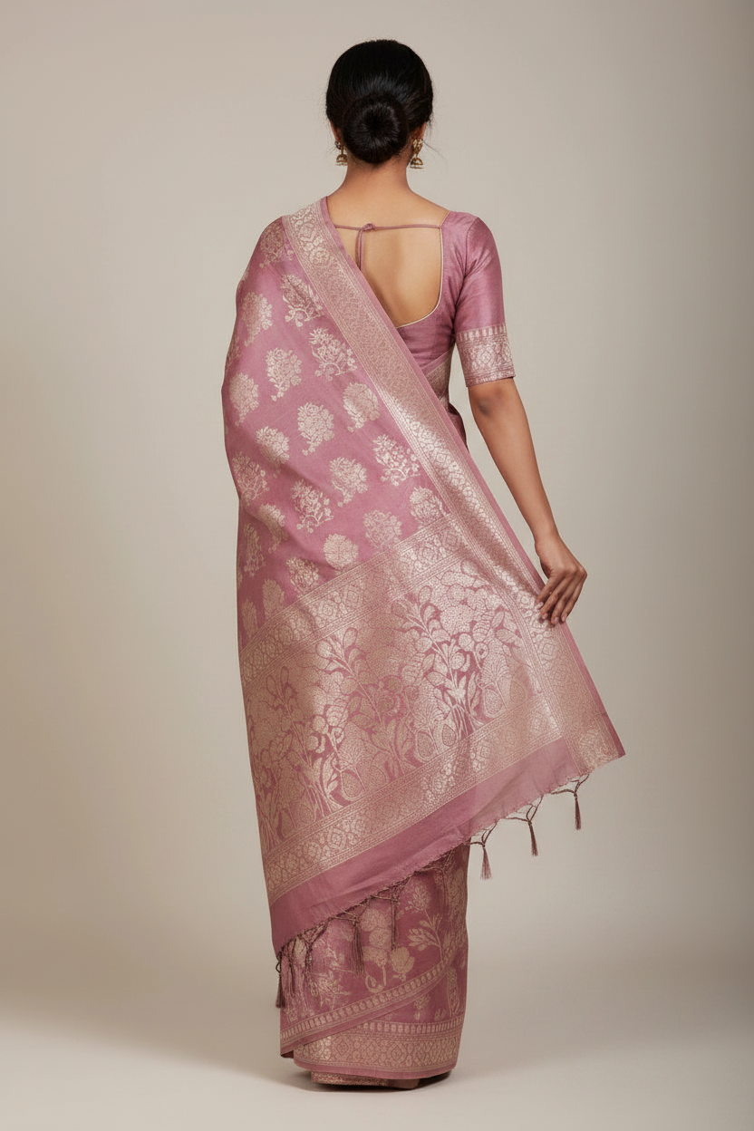 Mauve Banarasi Tussar Silk Saree with Floral Zari Weave