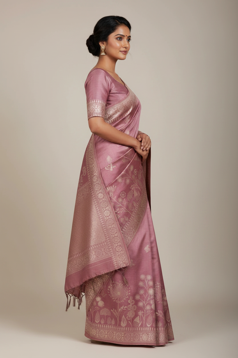 Mauve Banarasi Tussar Silk Saree with Floral Zari Weave