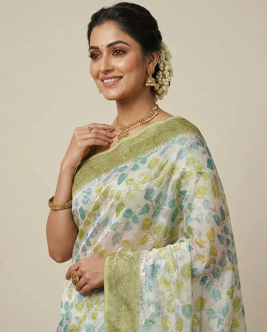 GG Khaddi Banarasi Saree with Woven Leaf Motifs - Rangoli India