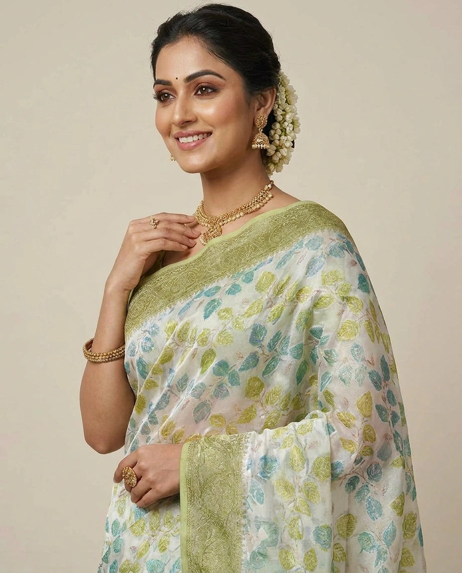 GG Khaddi Banarasi Saree with Woven Leaf Motifs - Rangoli India