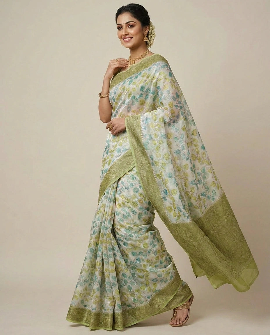 GG Khaddi Banarasi Saree with Woven Leaf Motifs - Rangoli India