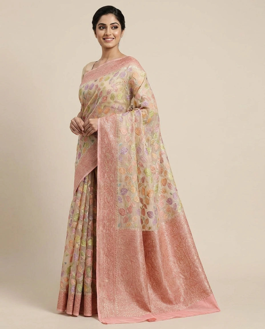 GG Khaddi Banarasi Saree with Woven Leaf Motifs - Rangoli India
