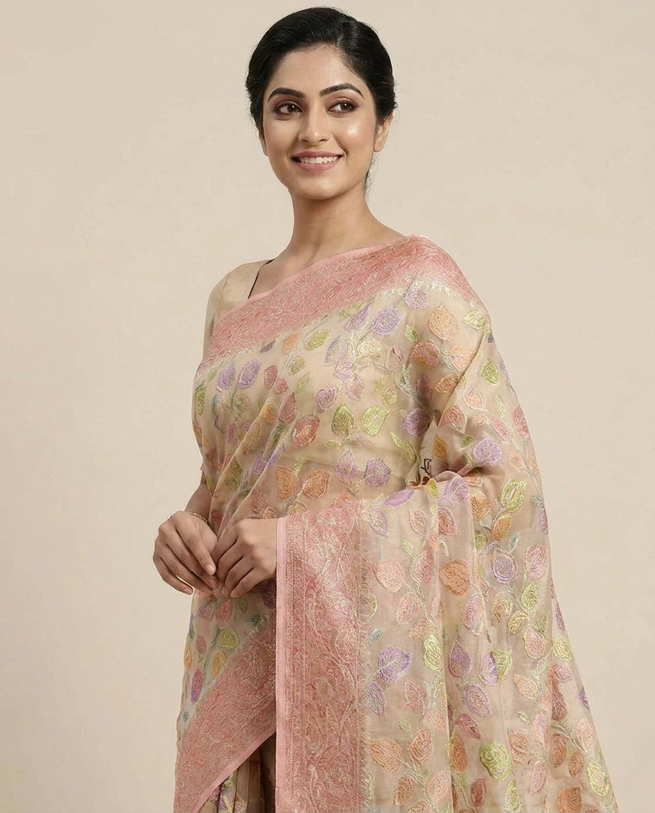 GG Khaddi Banarasi Saree with Woven Leaf Motifs - Rangoli India