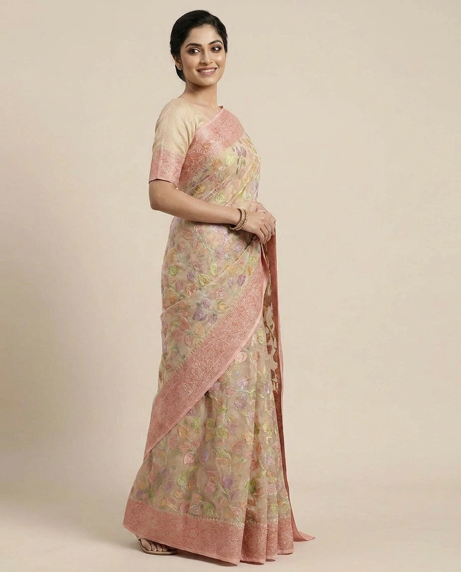 GG Khaddi Banarasi Saree with Woven Leaf Motifs - Rangoli India