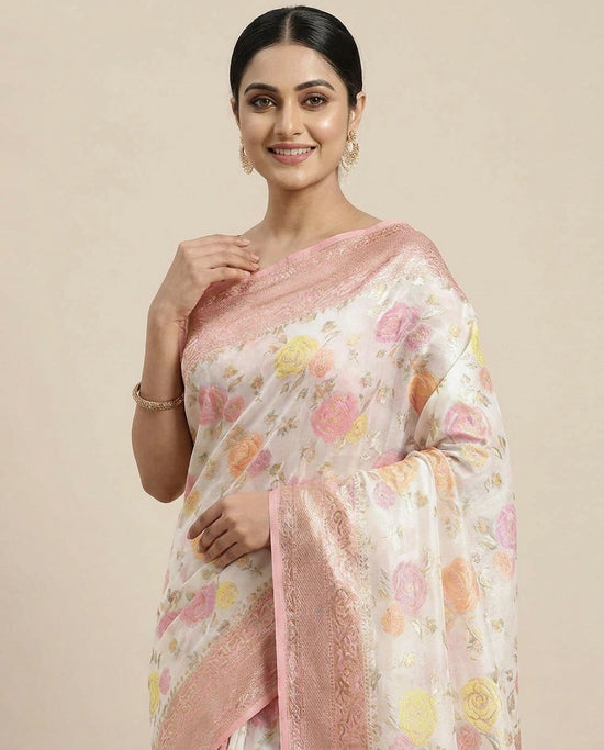 GG Khaddi Banarasi Saree with Floral Woven Border - Rangoli India