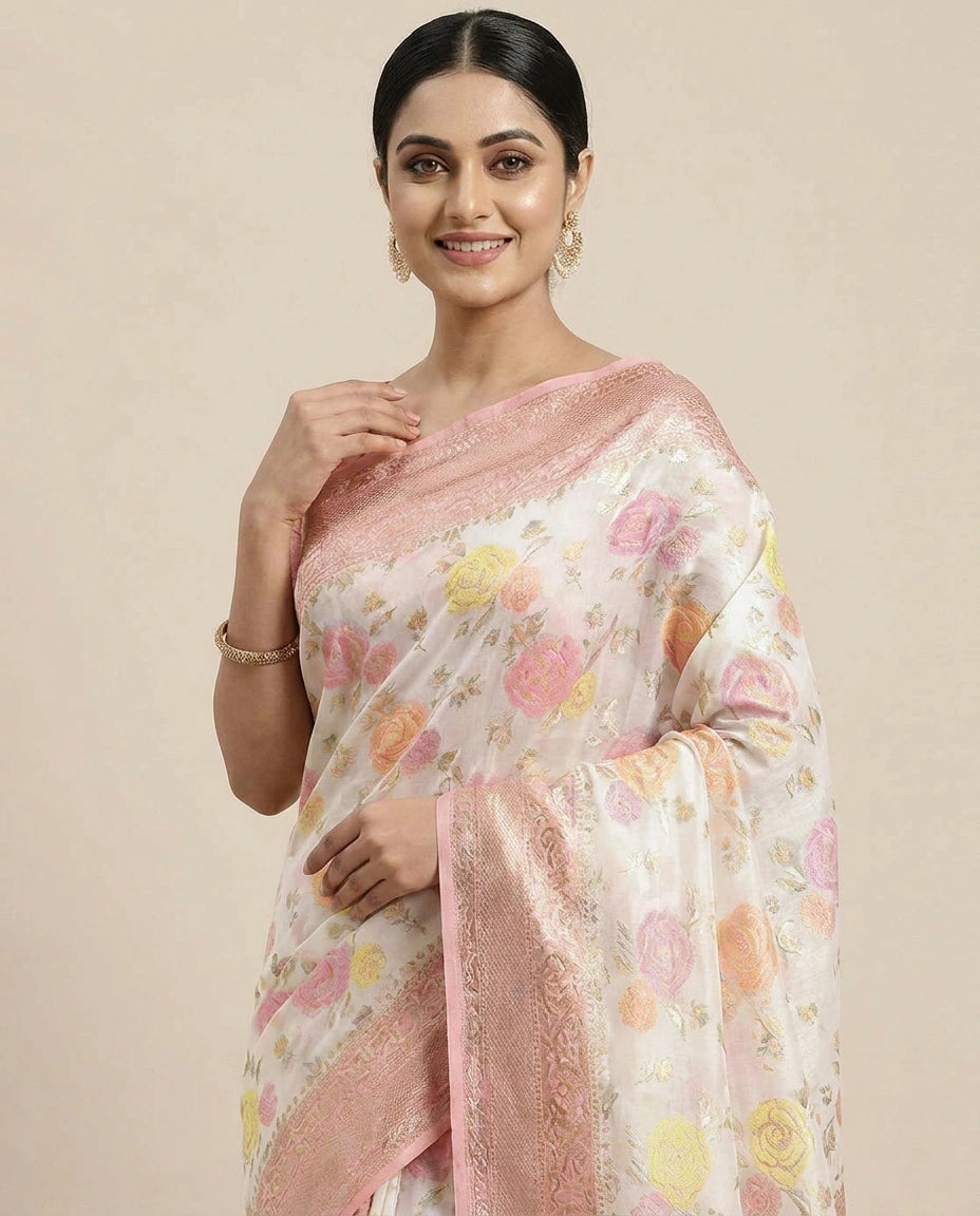 GG Khaddi Banarasi Saree with Floral Woven Border - Rangoli India