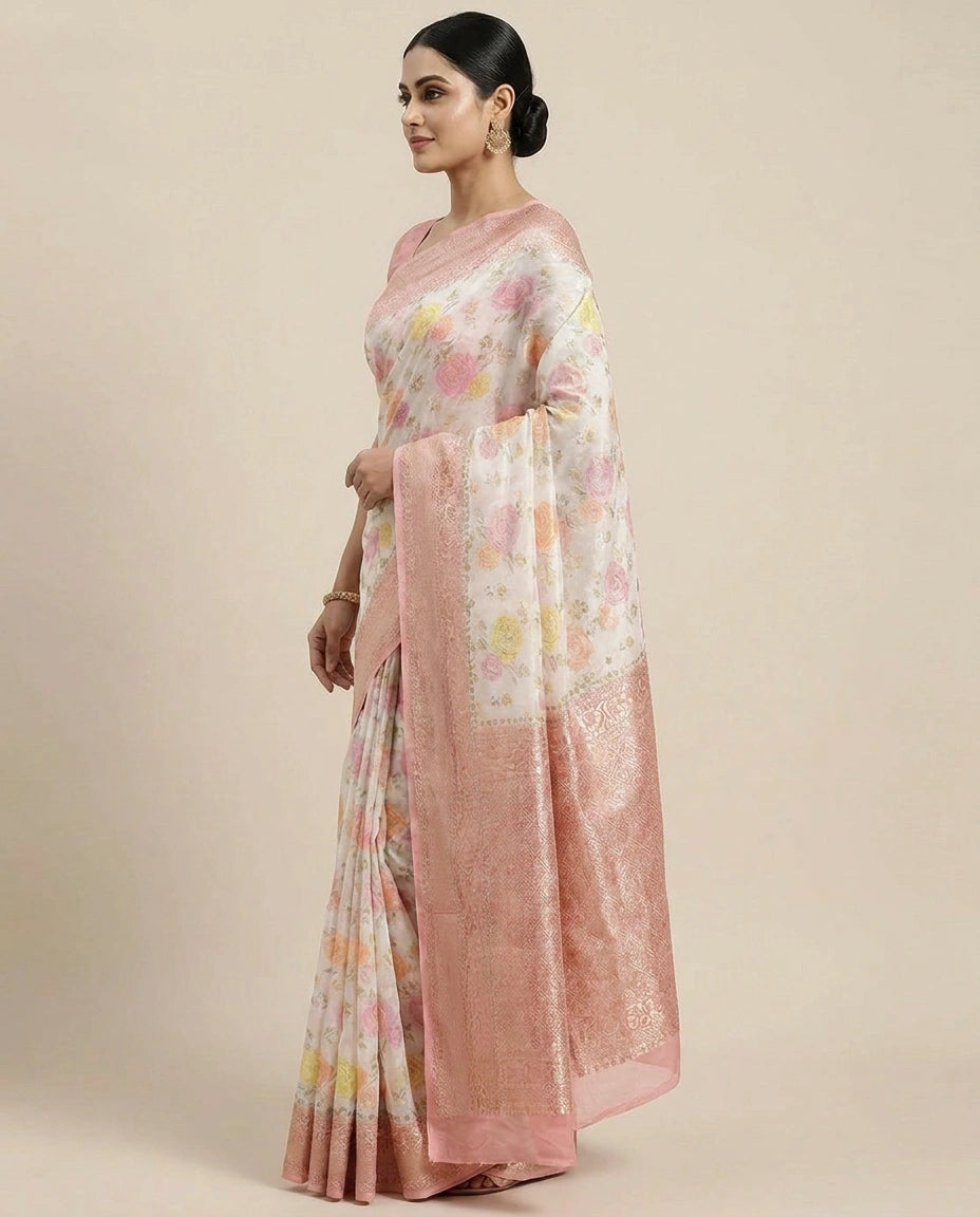 GG Khaddi Banarasi Saree with Floral Woven Border - Rangoli India