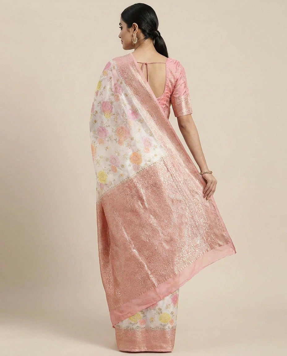 GG Khaddi Banarasi Saree with Floral Woven Border - Rangoli India