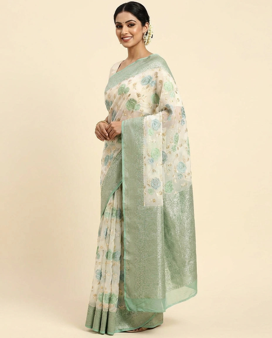 GG Khaddi Banarasi Saree with Floral Woven Border - Rangoli India