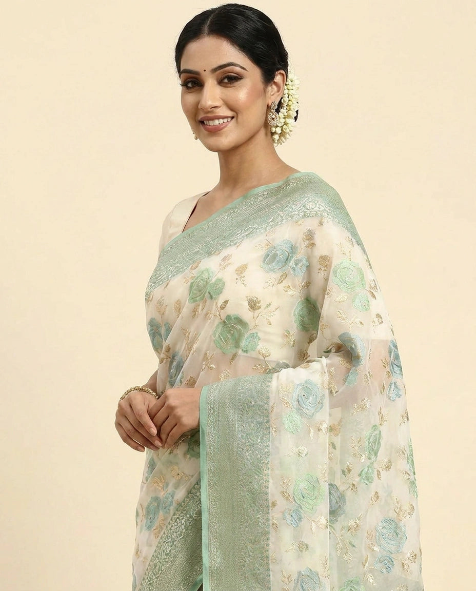 GG Khaddi Banarasi Saree with Floral Woven Border - Rangoli India