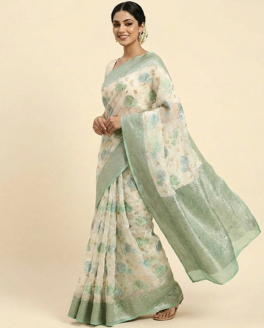 GG Khaddi Banarasi Saree with Floral Woven Border - Rangoli India