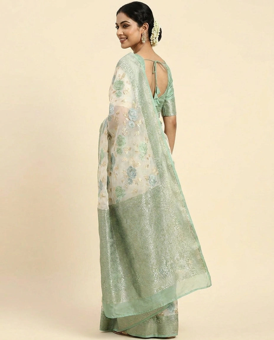 GG Khaddi Banarasi Saree with Floral Woven Border - Rangoli India