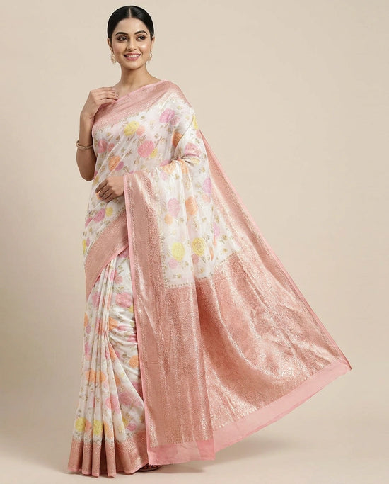 GG Khaddi Banarasi Saree with Floral Woven Border - Rangoli India