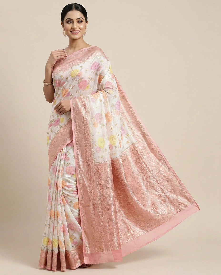 GG Khaddi Banarasi Saree with Floral Woven Border - Rangoli India