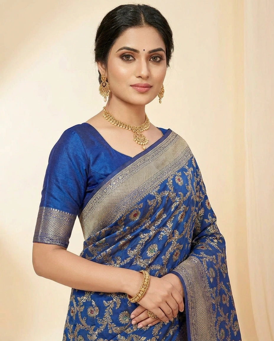 Silk Katan Banarasi Saree with Fine Diagonal Zari Weave view 2