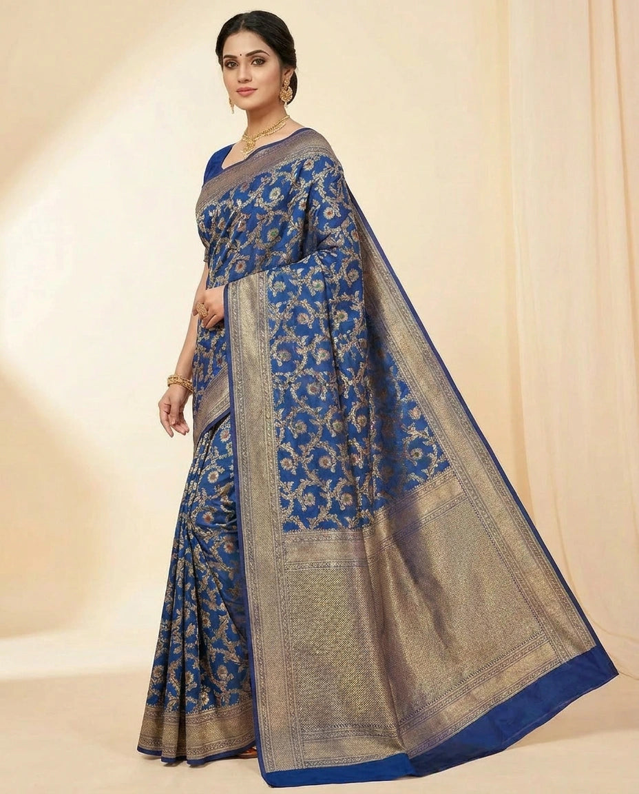 Silk Katan Banarasi Saree with Fine Diagonal Zari Weave view 3