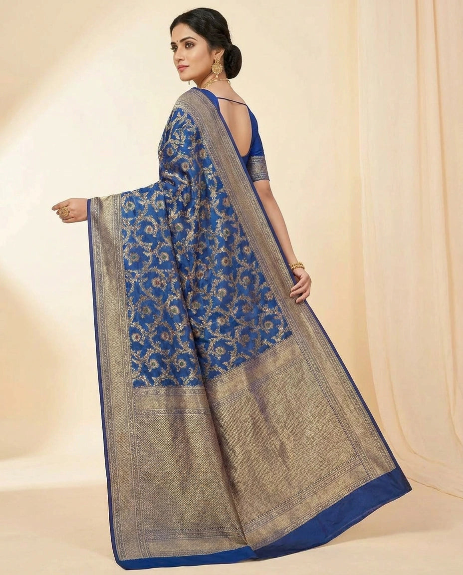 Silk Katan Banarasi Saree with Fine Diagonal Zari Weave view 4
