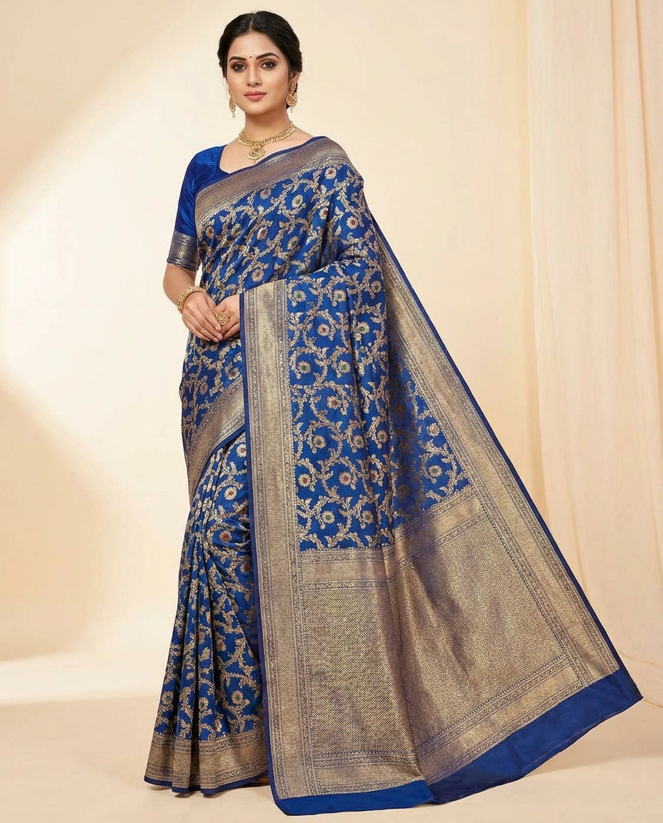 Silk Katan Banarasi Saree with Fine Diagonal Zari Weave view 1