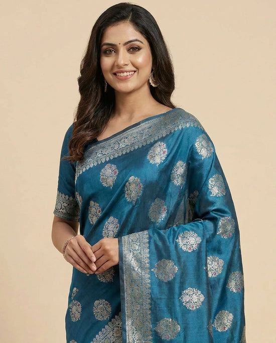 Tissue Khaddi Banarasi Saree with Woven Floral Motifs - Rangoli India