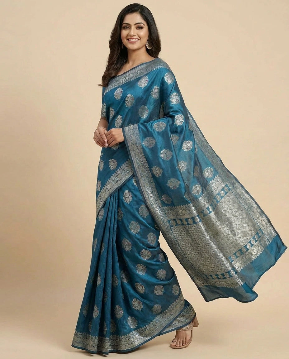 Tissue Khaddi Banarasi Saree with Woven Floral Motifs - Rangoli India