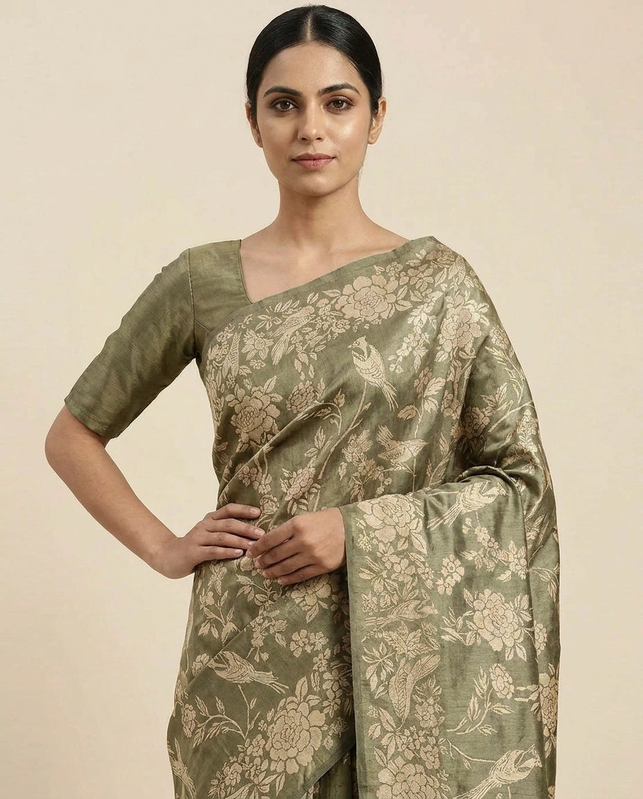 Printed Tussar Silk Saree with Hand-Painted Style Motifs view 2