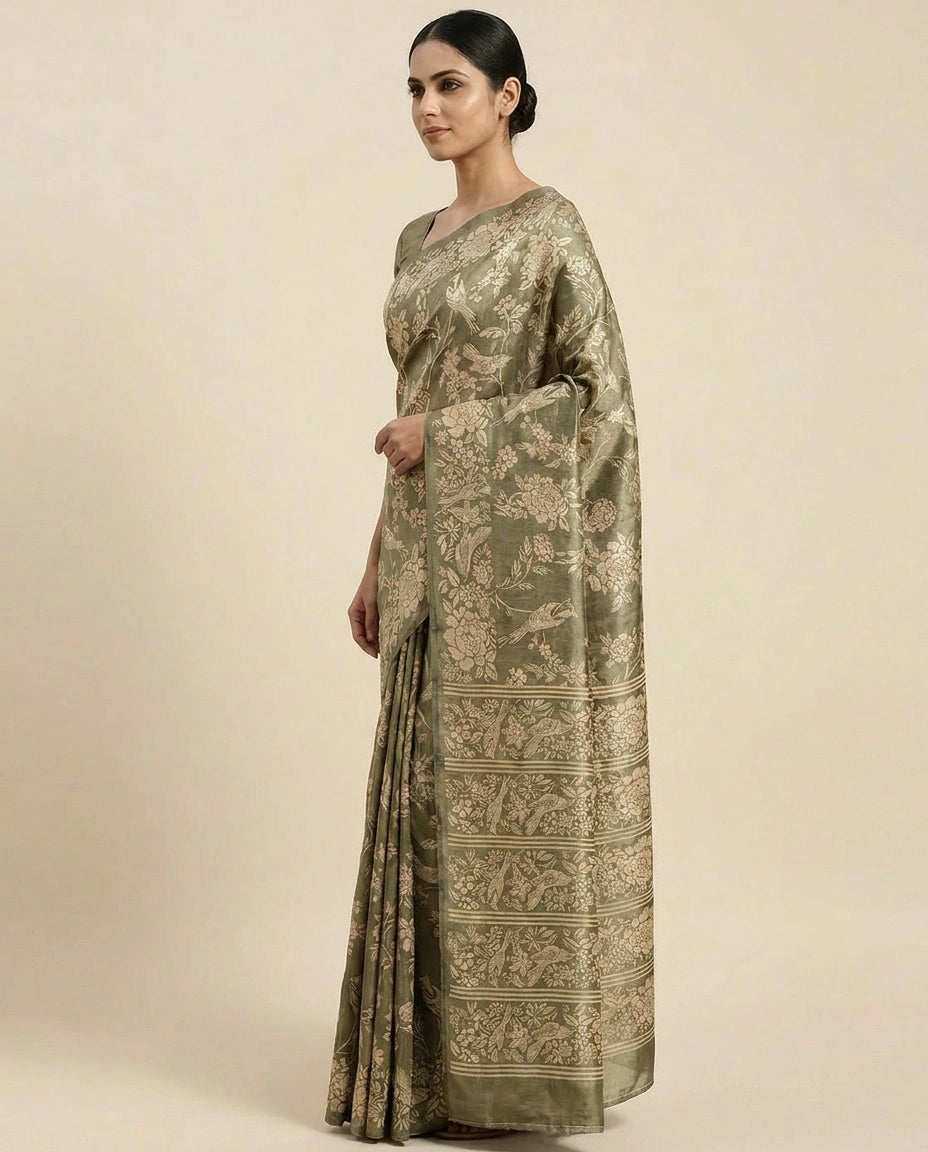 Printed Tussar Silk Saree with Hand-Painted Style Motifs view 3