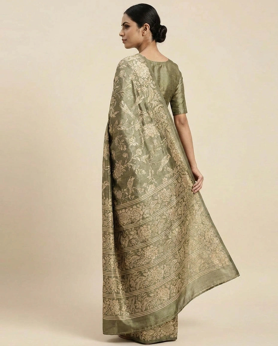Printed Tussar Silk Saree with Hand-Painted Style Motifs view 4