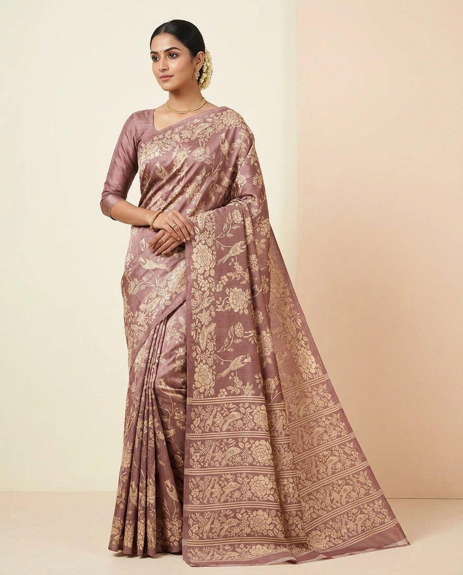 Printed Tussar Silk Saree with Hand-Painted Style Motifs view 5