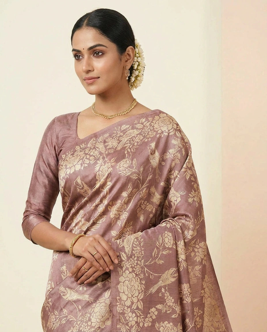 Printed Tussar Silk Saree with Hand-Painted Style Motifs view 6