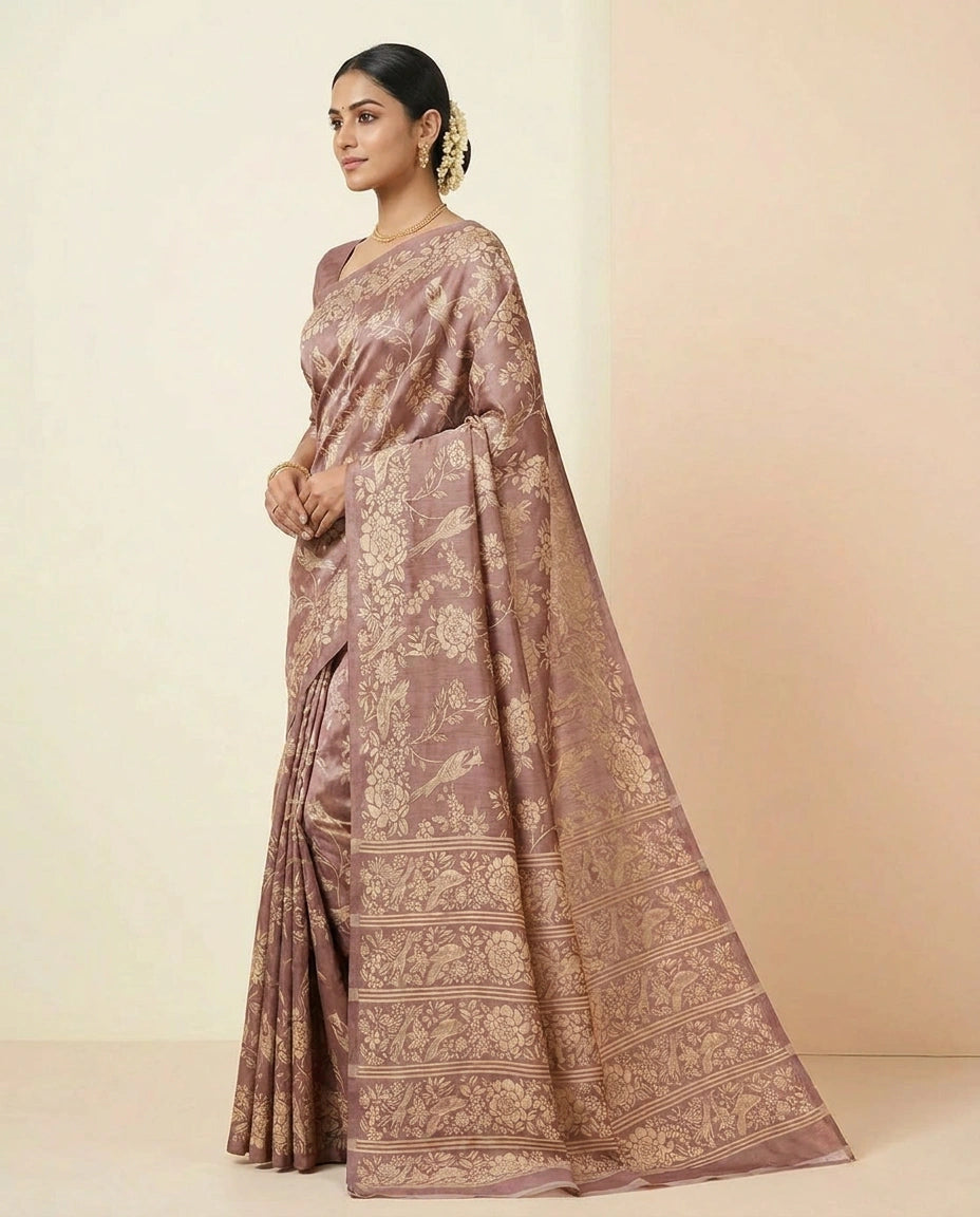 Printed Tussar Silk Saree with Hand-Painted Style Motifs view 7