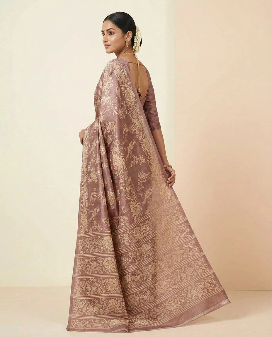 Printed Tussar Silk Saree with Hand-Painted Style Motifs view 8