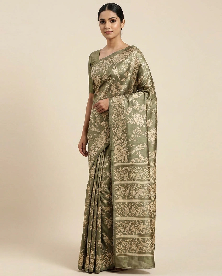 Du Blue Printed Tussar Silk Saree with Hand-Painted Style Motifs