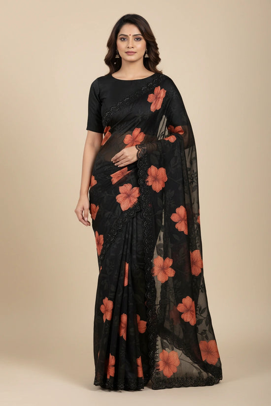 Artisan Brasso Georgette Embroidered Saree - Black/Green | Rangoli
