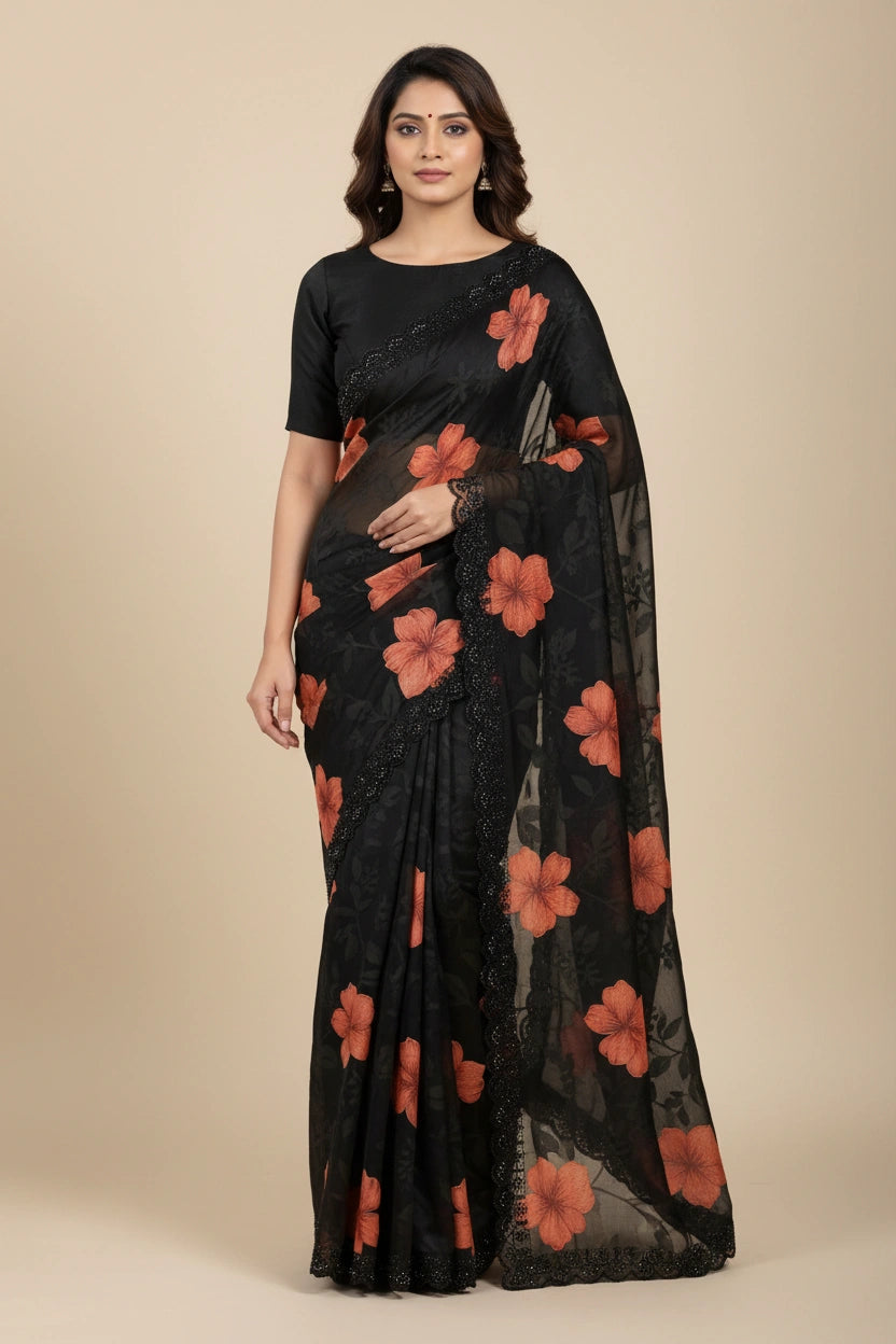 Embroidered Brasso Saree with Geometric Pixel Jacquard | Rangoli