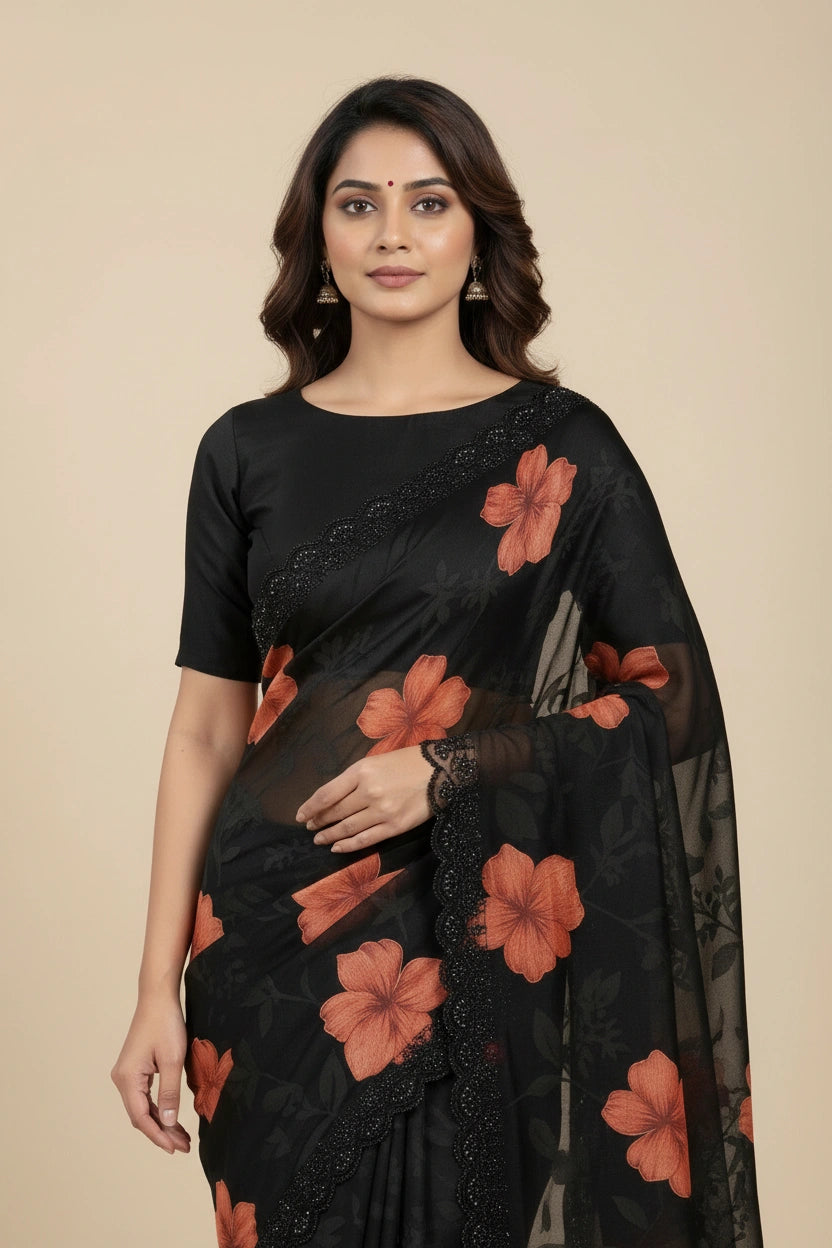 Embroidered Brasso Saree with Geometric Pixel Jacquard - View 2 | Rangoli