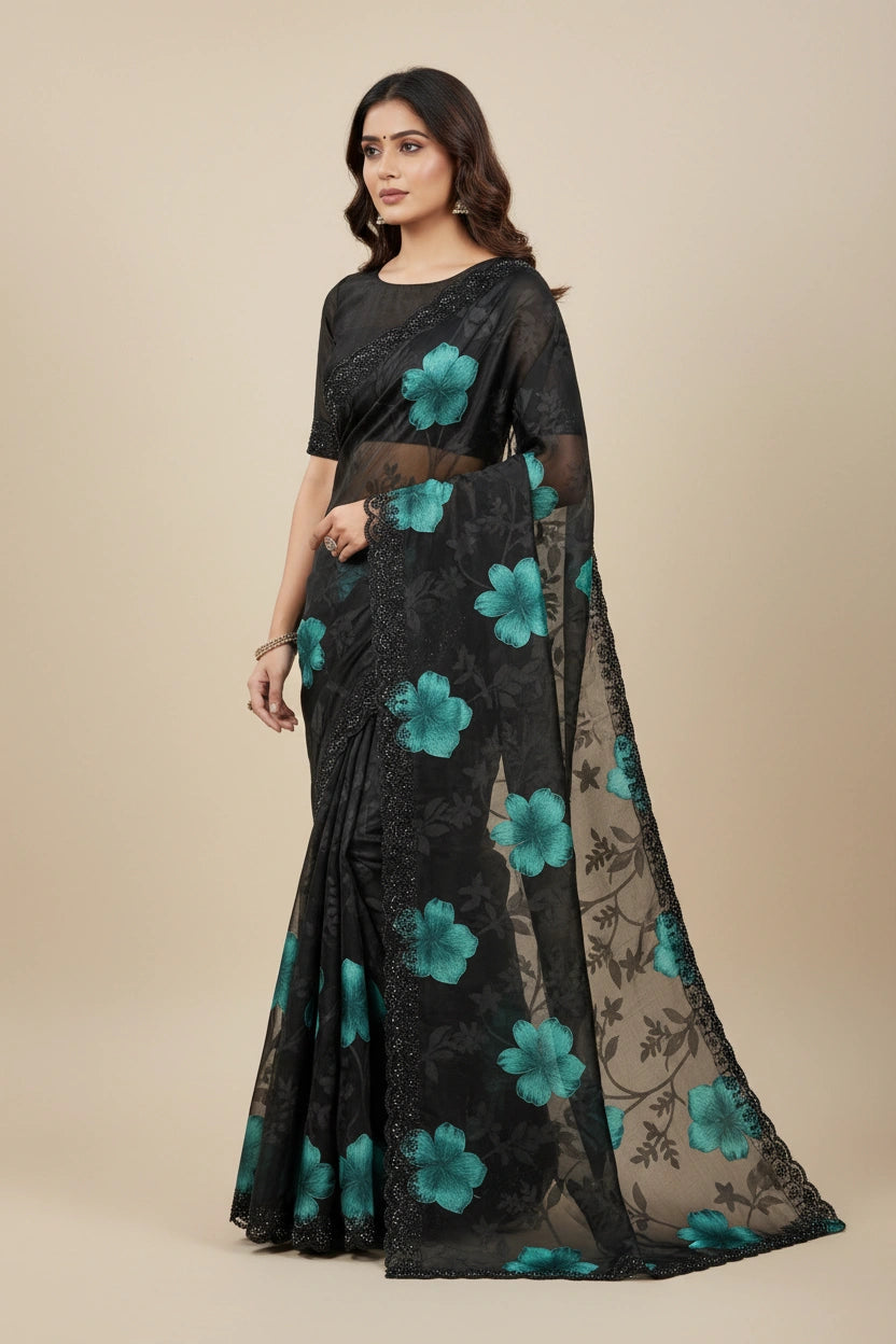 Embroidered Brasso Saree with Geometric Pixel Jacquard - View 3 | Rangoli