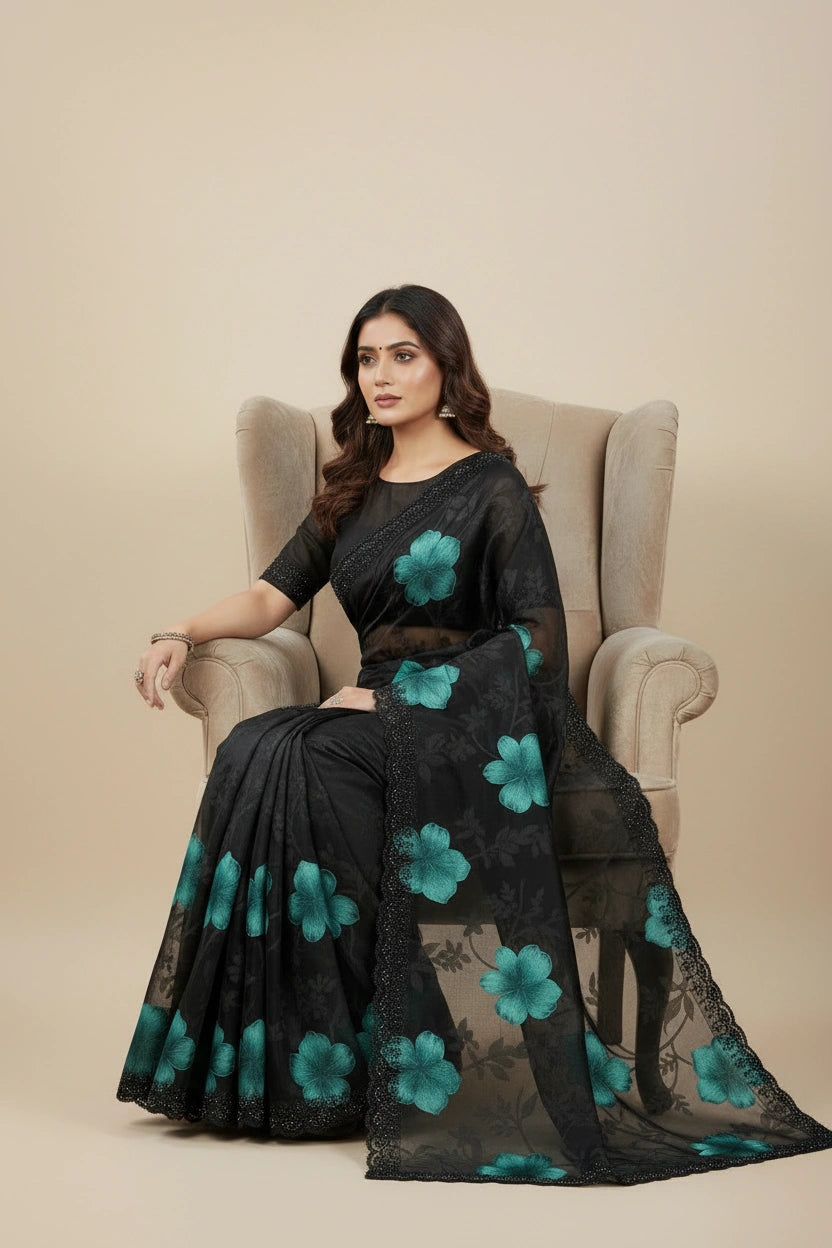 Embroidered Brasso Saree with Geometric Pixel Jacquard - View 4 | Rangoli