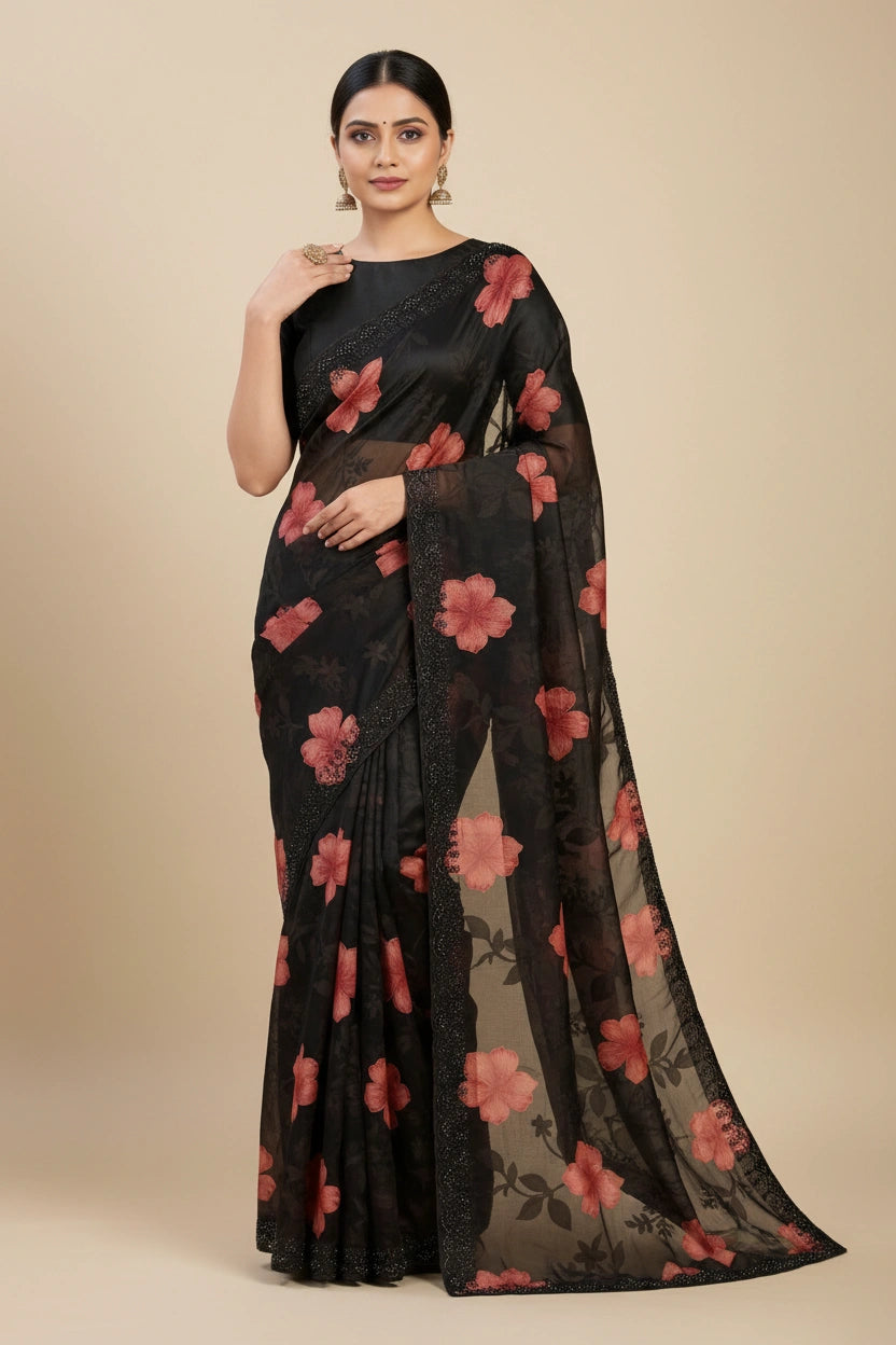Embroidered Brasso Saree with Geometric Pixel Jacquard - View 5 | Rangoli