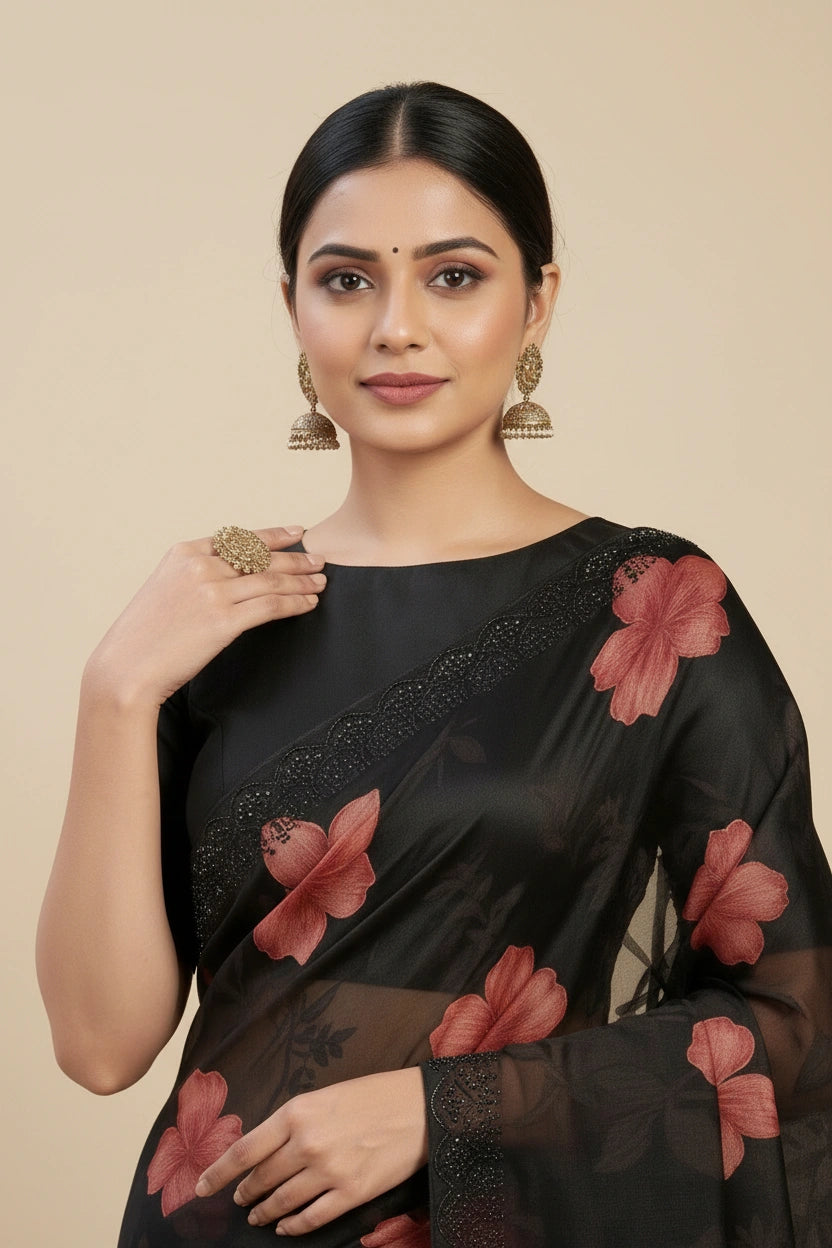 Embroidered Brasso Saree with Geometric Pixel Jacquard - View 6 | Rangoli