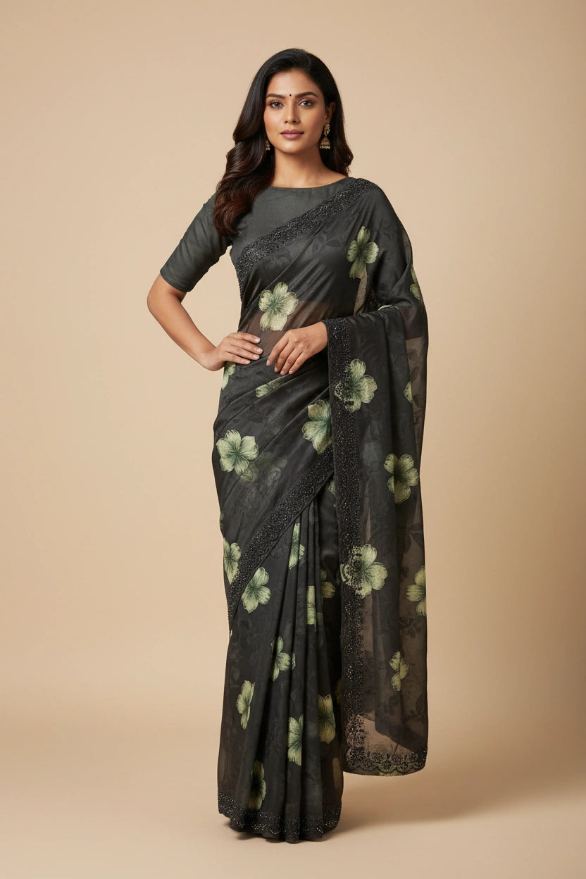 Embroidered Brasso Saree with Geometric Pixel Jacquard - View 7 | Rangoli