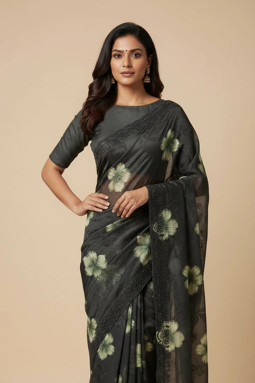 Embroidered Brasso Saree with Geometric Pixel Jacquard - View 8 | Rangoli