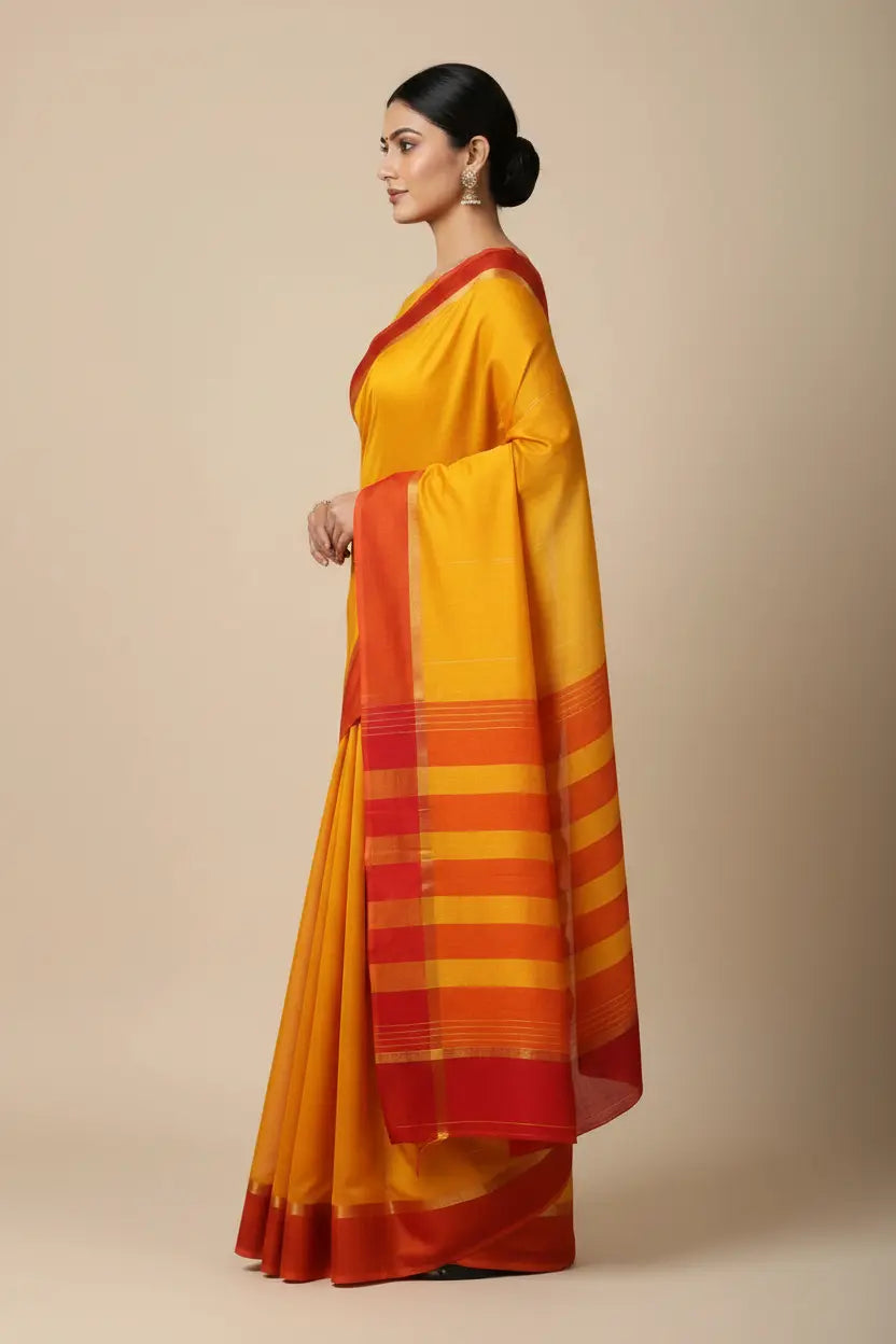 Woman wearing a yellow and orange saree with a beige background