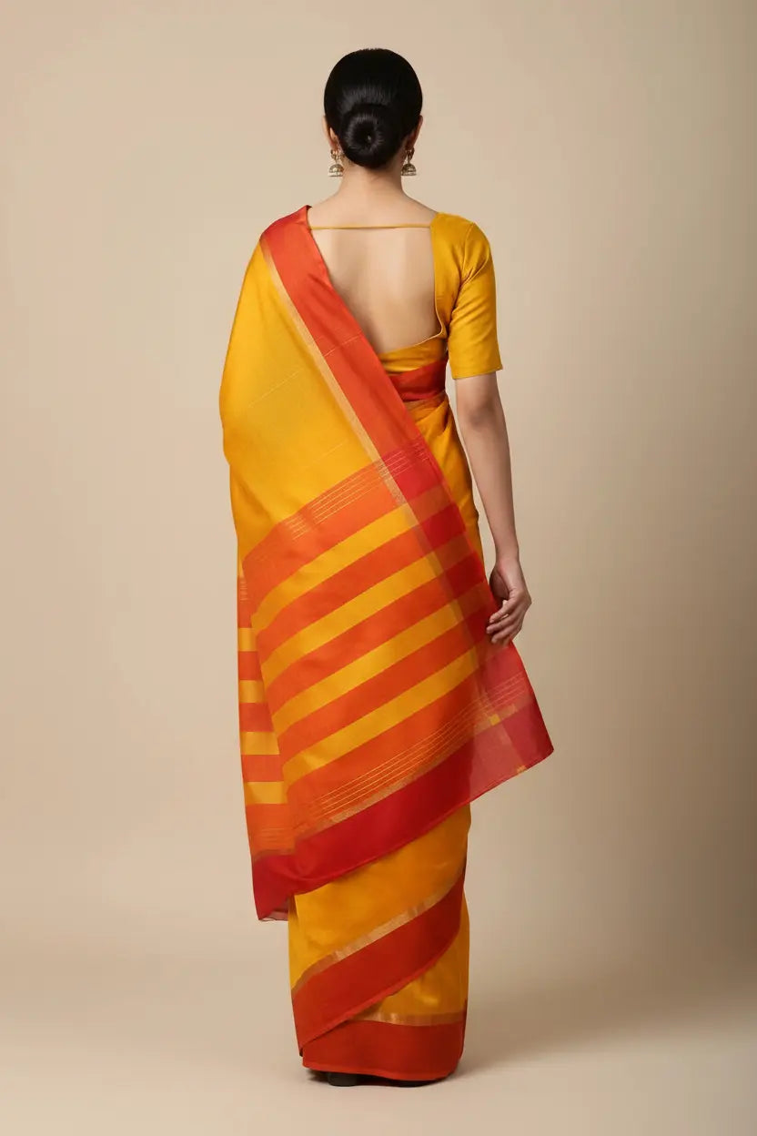 Woman wearing a yellow and orange striped saree against a beige background