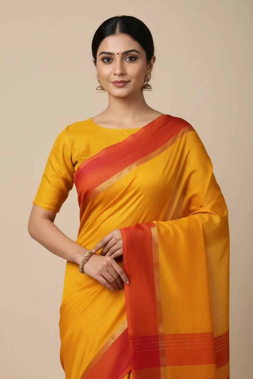 Woman wearing a yellow saree with a red border on a beige background