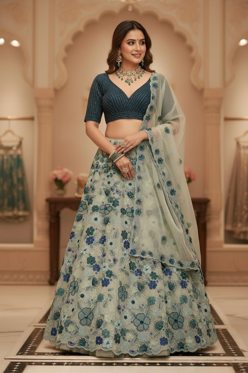 Luxe Embroidered Net Lehenga Choli Set - View 2 | Rangoli