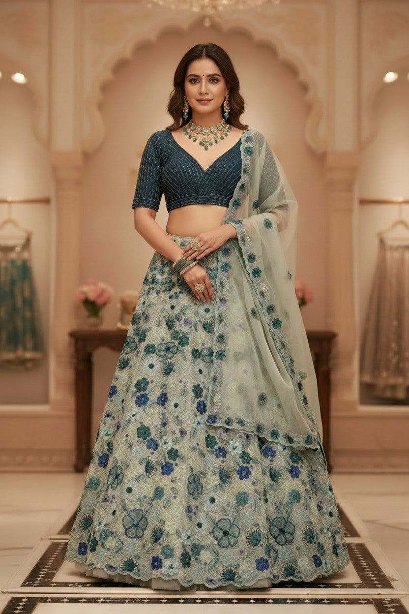 Luxe Embroidered Net Lehenga Choli Set - View 3 | Rangoli