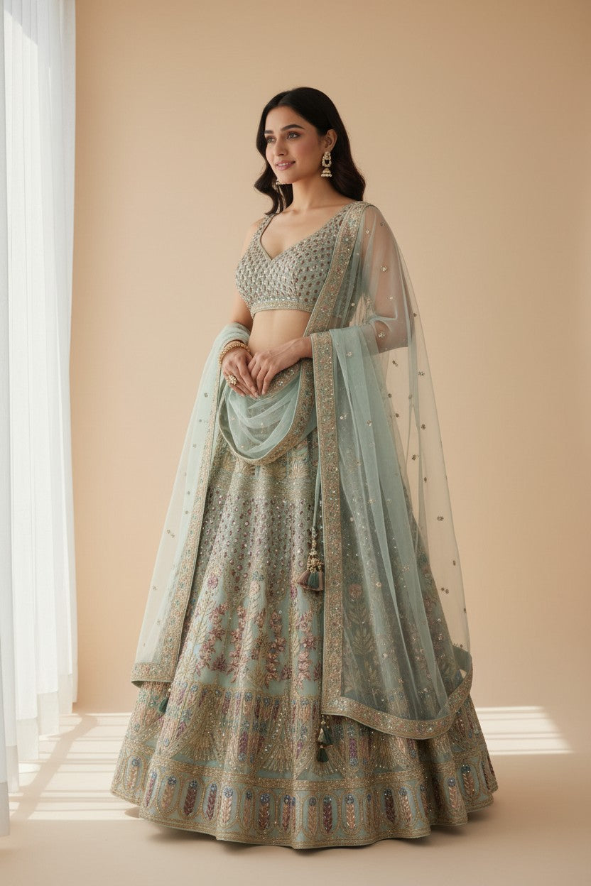 Designer Embroidered Net Lehenga Choli Set - Firozi Blue | Rangoli