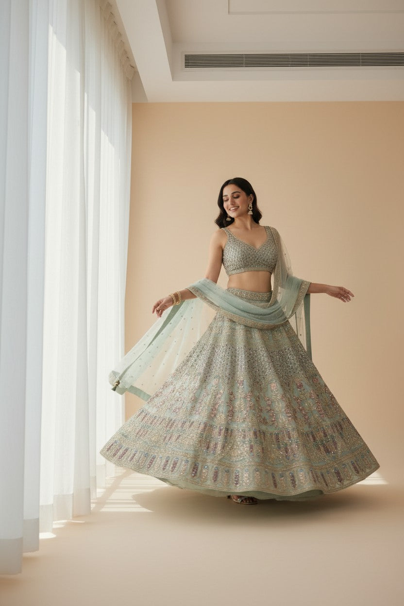 Designer Embroidered Net Lehenga Choli Set - Lavender | Rangoli