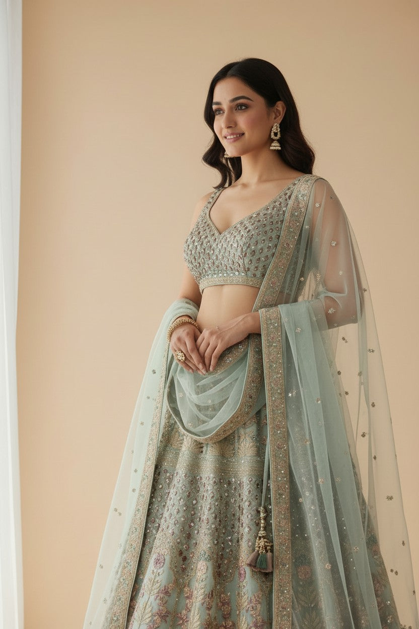 Designer Embroidered Net Lehenga Choli Set - View 4 | Rangoli