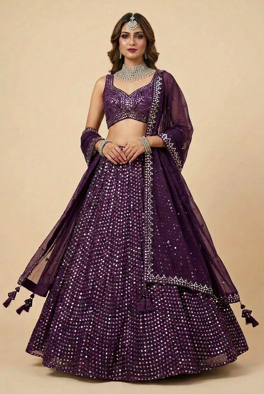 Purple Raw Silk Lehenga Set with Resham Work for Family Wedding